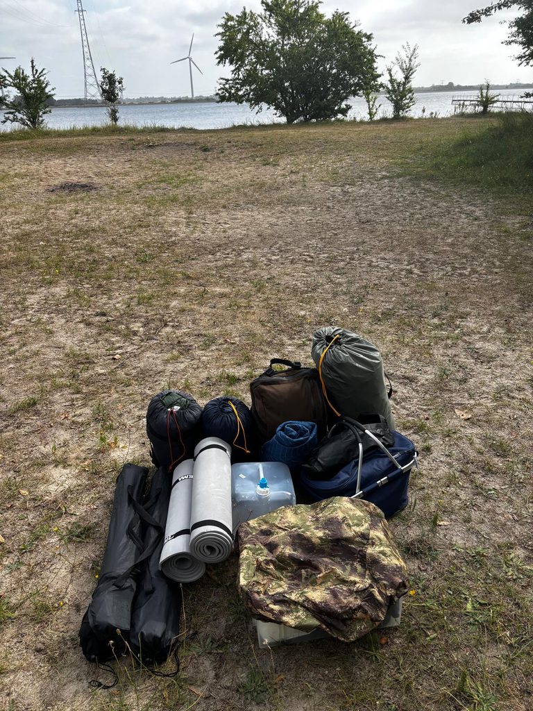 Camping equipment packed for our first trips in Denmark